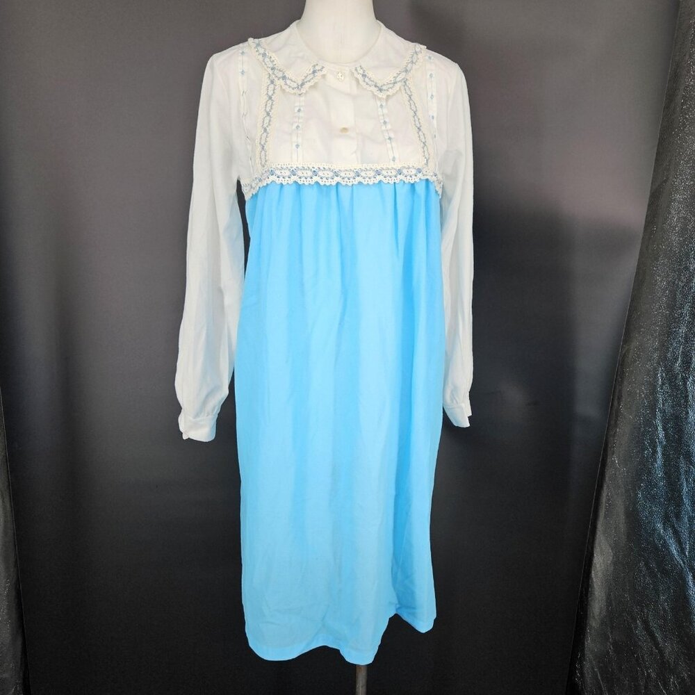 Vintage Nightgown Women Small Blue Lace Long Sleeve 60s Romantic Nap Trad Dress